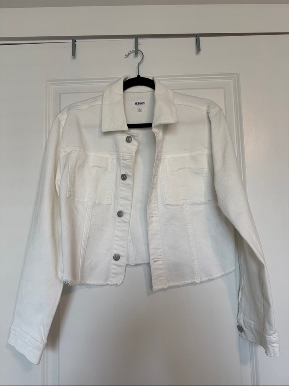 Hudson Jeans White Cropped Denim Jacket with Patch Pockets